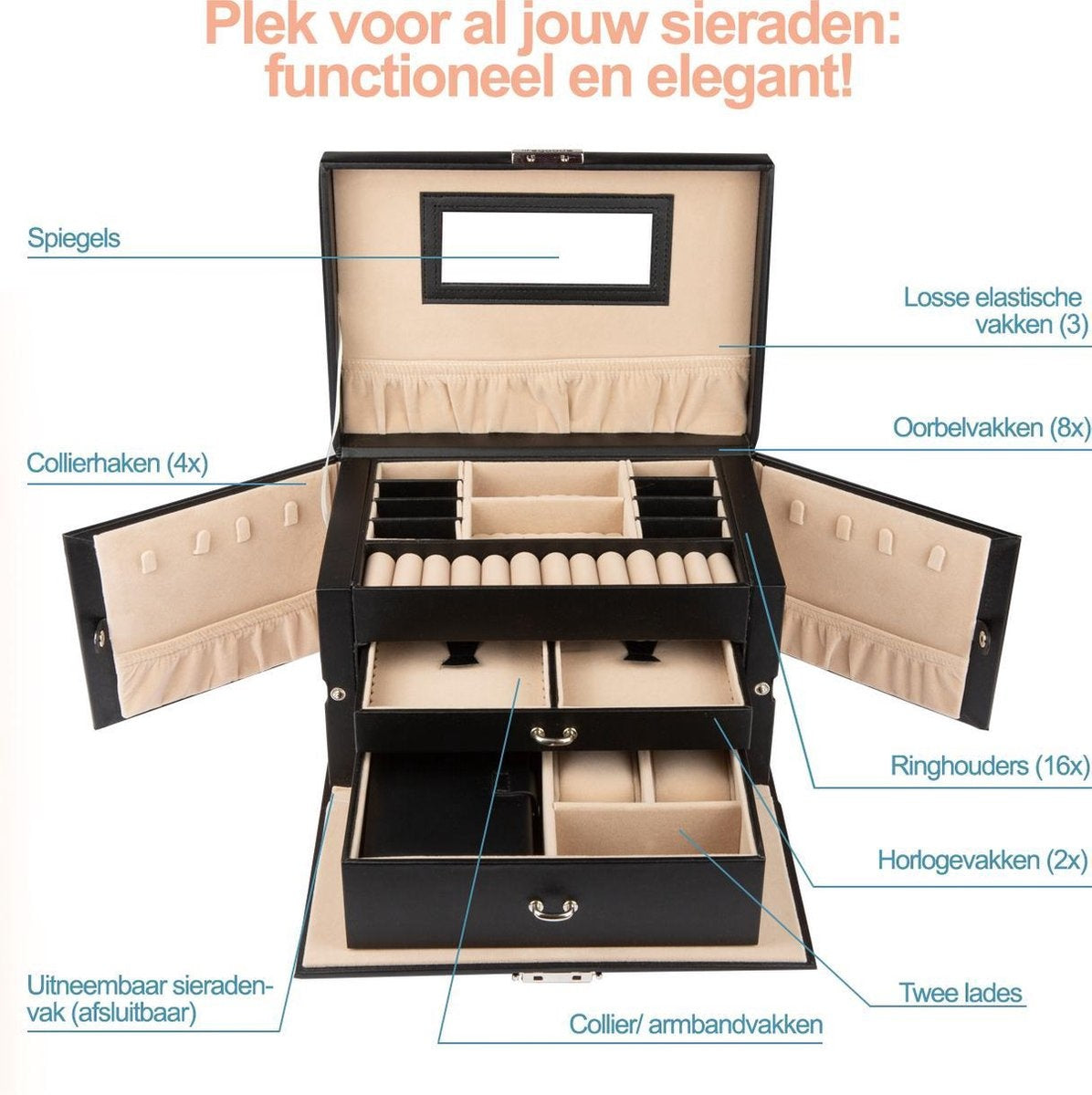 LifeGoods Schmuckkästchen XL - Schmuckaufbewahrung - 20 Fächer - Schwarz/Beige