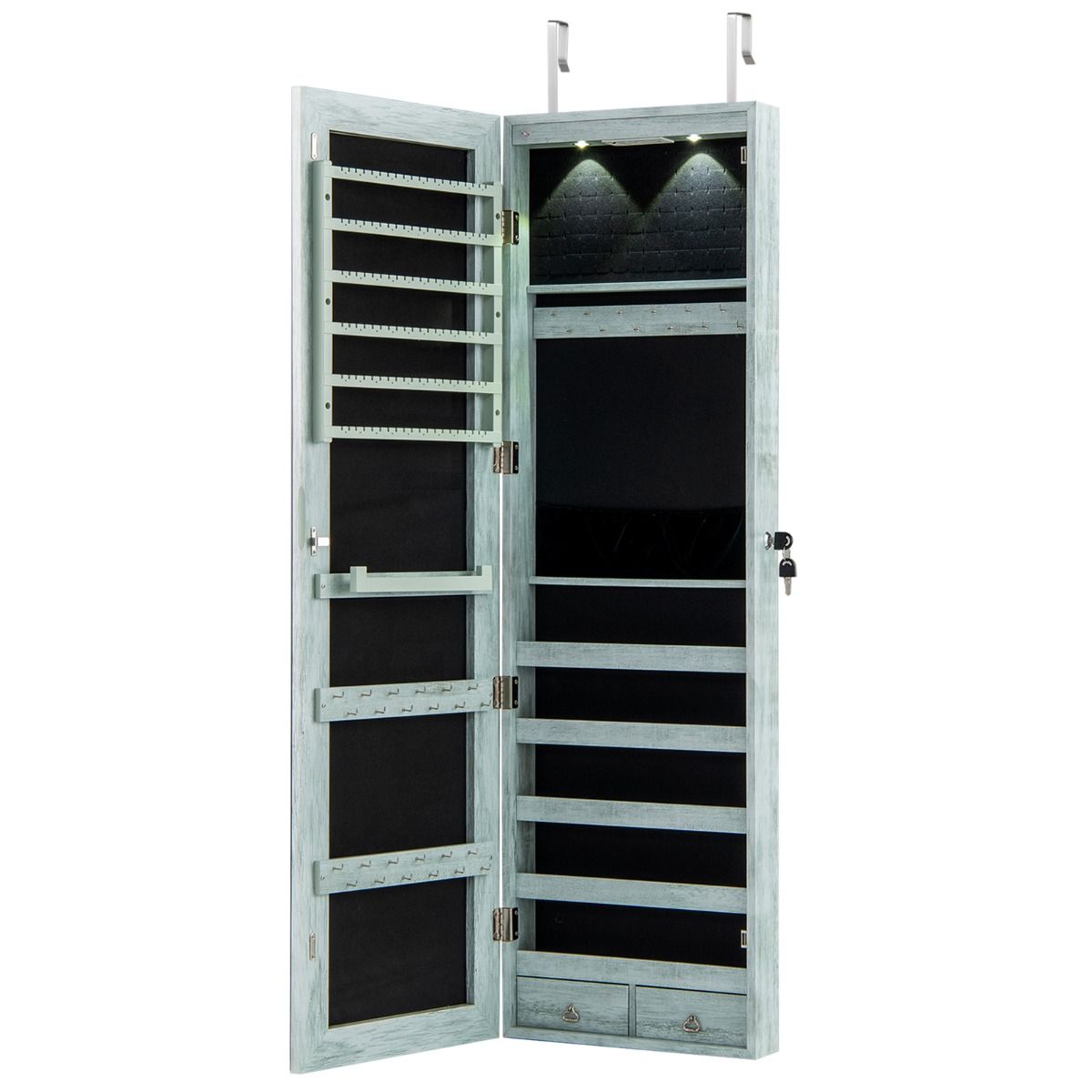 Coast Schmuckschrank mit LED-Beleuchtung – abschließbarer Spiegelschrank – ausklappbares Schminktablett – grün – 120 x 35,5 x 10 cm