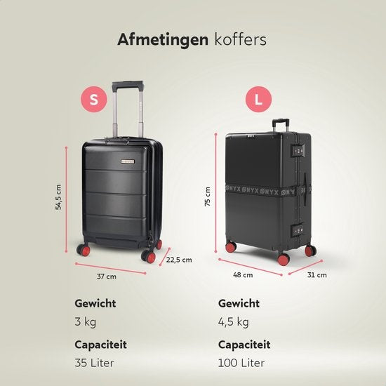 ONYX® - 2-teiliges Kofferset - Handgepäck mit Fronttasche und Check-in-Koffer - 35L/100 L - TSA-Schloss - Leichtgewicht-Trolley - Aluminiumverschluss - Schwarz
