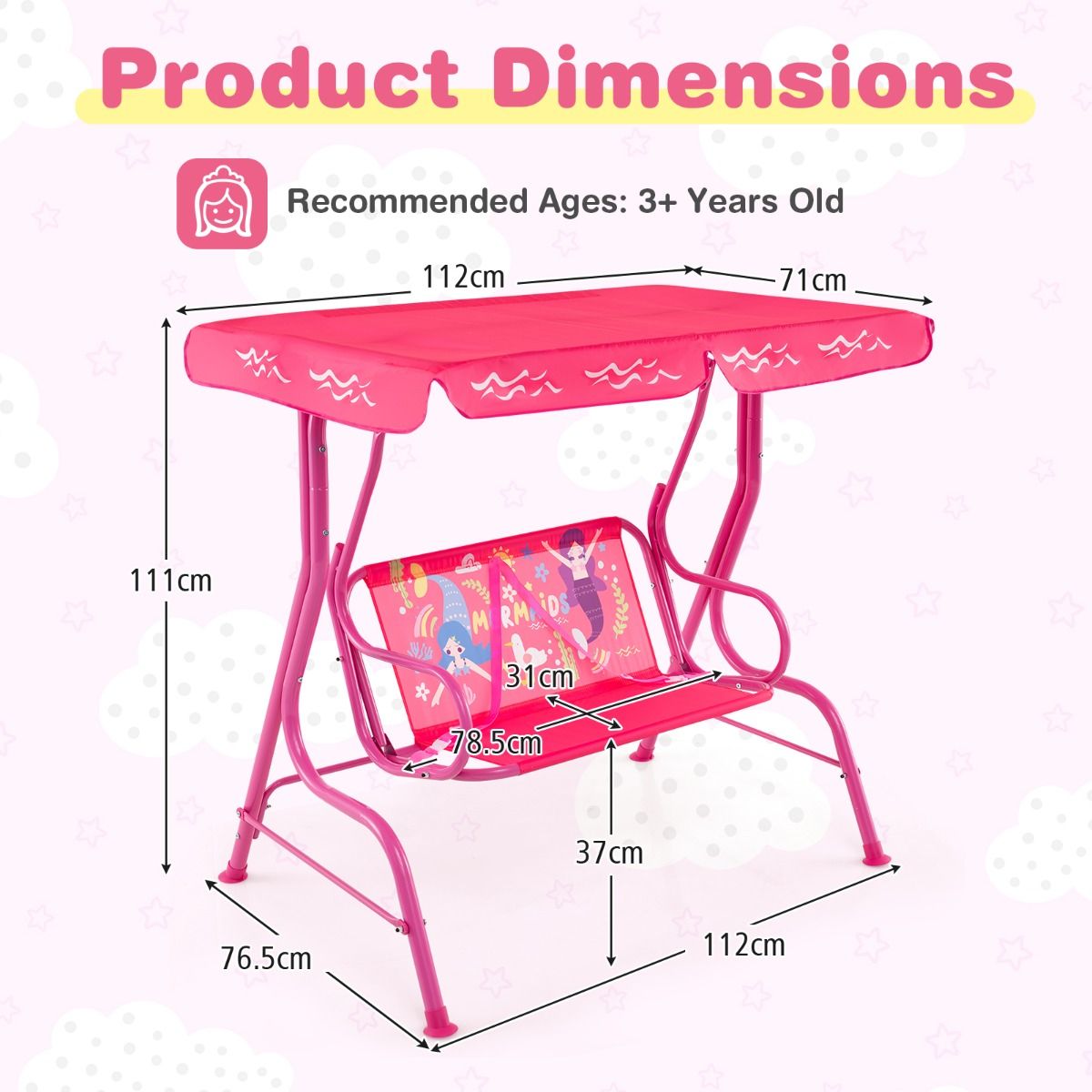 Coast Kinderschaukel 2-Sitzer für Terrasse und Außenbereich, Rosa, 112 x 76,5 x 111 cm, mit Metallgestell, verstellbarem Baldachin und Sicherheitsgurten