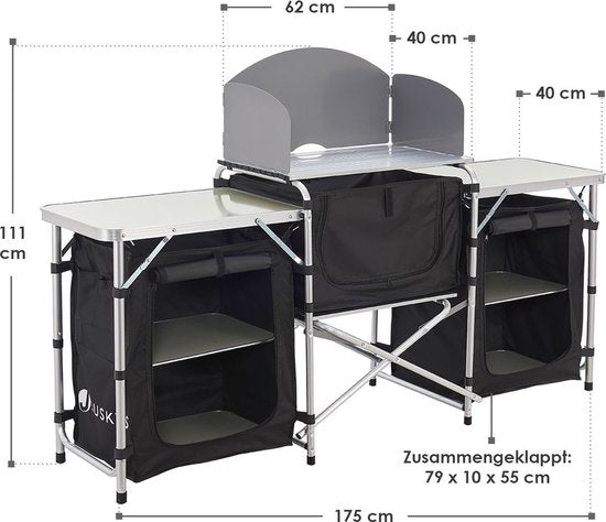 Große zusammenklappbare Campingküche Garda - 175 x 40 x 111 cm - Schwarz