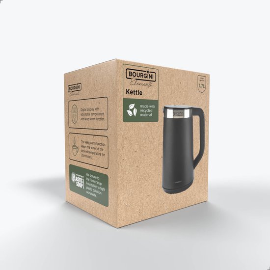 Bourgini Elements - Digitaler Wasserkocher - Schwarz - 1,7 Liter Fassungsvermögen - GRS-zertifizierte, recycelte Materialien