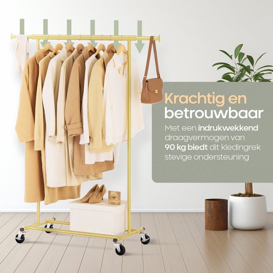 O'DADDY® Kleiderständer auf Rädern - Kleiderständer - Verstellbarer Kleiderständer - Ausziehbarer Kleiderständer - Stabil bis zu 90 kg - Aufbewahrungsständer - Gold - 160 cm