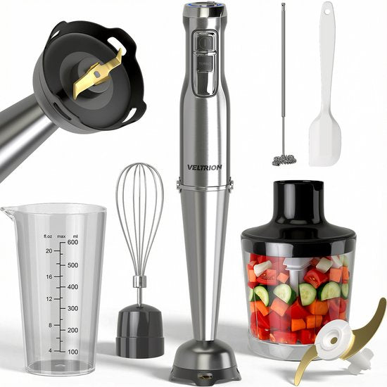 Stabmixer PRO 6-in-1-Set – 1100 W – Titan-Klingen – Kostenloser Spatel – Turbo-Funktion – Inkl. Zerkleinerer, Schneebesen, Milchaufschäumer und Messbecher – PFAS-frei
