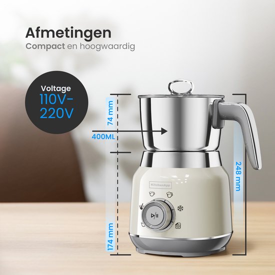 KitchenApp Retro Milchaufschäumer Edelstahlkännchen - PFAS-frei - spülmaschinenfest - Beige