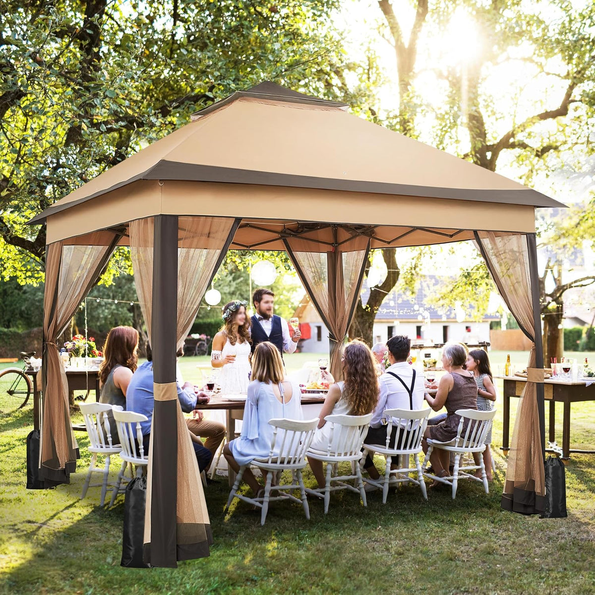 Yaheetech Pop-up-Pavillon 3,3 × 3,3 m mit 4 Netz-Seitenwänden und Tragetasche, Khaki/Braun