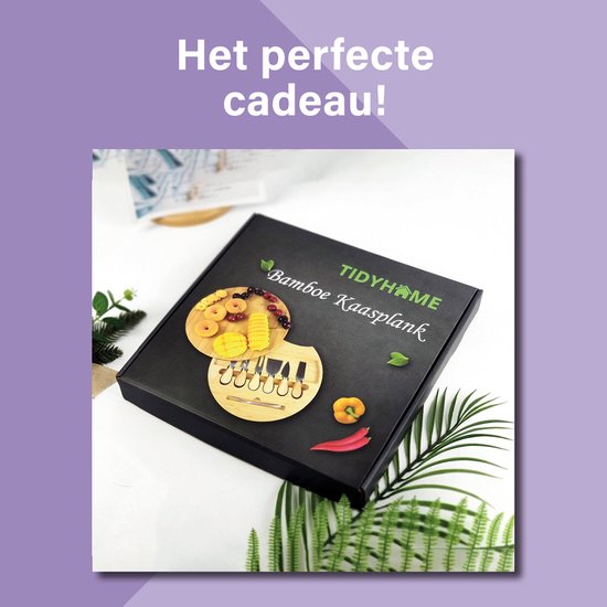 TidyHome® Trinkbrett - Käsebrett - Bambus - Holz - Ø 33cm - Tapasbrett rund - Käsebrett mit Messern - Komplett-Set mit 6 Käsemessern - Servierbrett