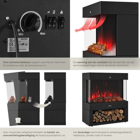 tectake® Elektrokamin - Atmosphärischer Kamin - 900W & 1800W - Freistehend - Kaminofen - mit Heizung - Kamine - mit Holz- und Glüheffekten - 3D Flammen - Timer