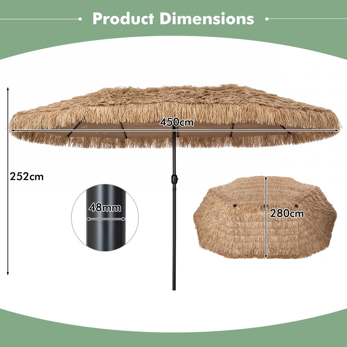 Coast Doppel-Strohsonnenschirm – tropischer Hawaii-Stil – ohne Lampe, ohne Sonnenschirmständer – 450 x 270 cm – naturfarben