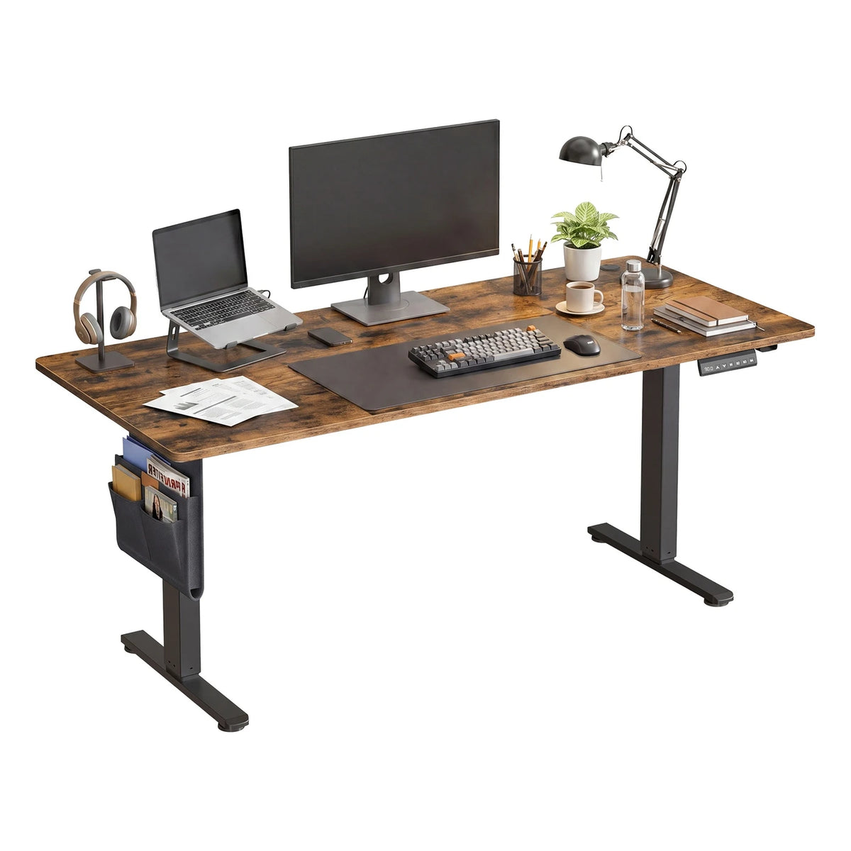 JOYFURNOS Elektrisch höhenverstellbarer Schreibtisch 180 x 80 cm – 72–120 cm – Vintage-Braun & Schwarz – Speicherfunktion – 70 kg