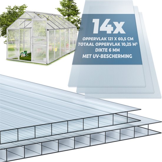 tectake® Set mit 14 Polycarbonat-Platten – Robuste, lichtdurchlässige, UV-beständige Doppelwandplatten – 121 x 60,5 cm – insgesamt 10,25 m² – transparent – Platten für Gewächshäuser – 6 mm dick