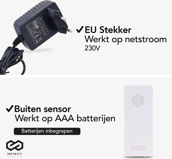 Infinity Goods Wetterstation - Wettervorhersage - Hygrometer - Innen und Außen - Temperatur - Luftfeuchtigkeit - Kabelloser Außensensor - 100M Reichweite - Schwarz