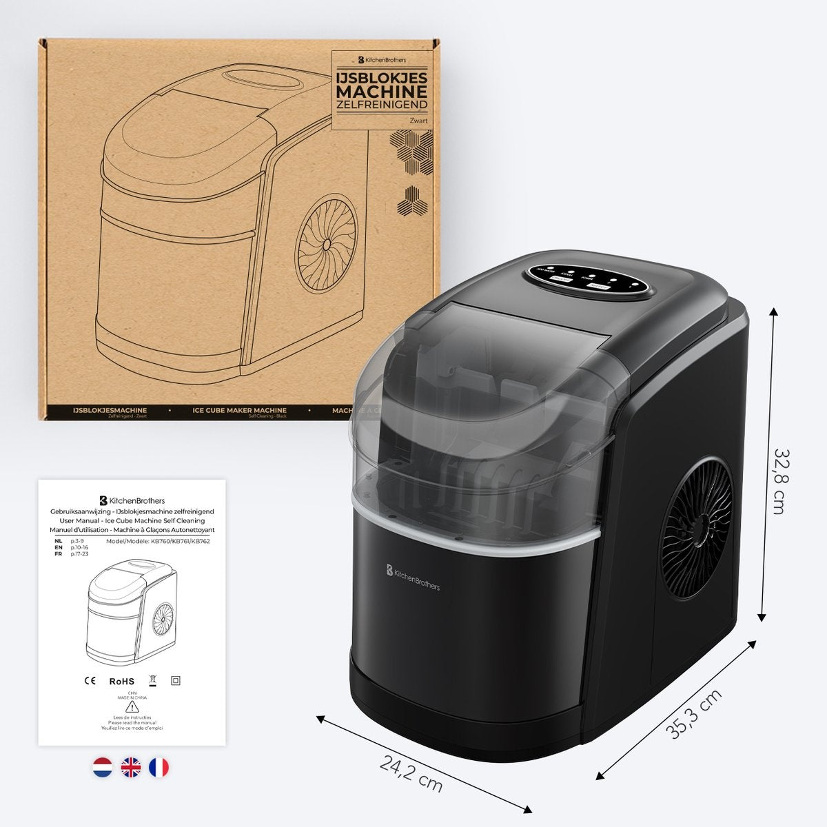 KitchenBrothers Eiswürfelbereiter - 1.6L - 8 min. - 12kg/24h - Selbstreinigungsfunktion - Eiswürfelbereiter mit Eisportionierer - Schwarz