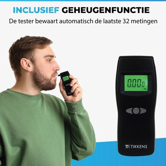TIKKENSÂ® Digitaler Alkoholtester - Geeignet für Frankreich, Niederlande, Belgien, ... - Alkoholtest - USB Wiederaufladbar - Alkoholtester - 10 Extra Mundstücke - Schwarz