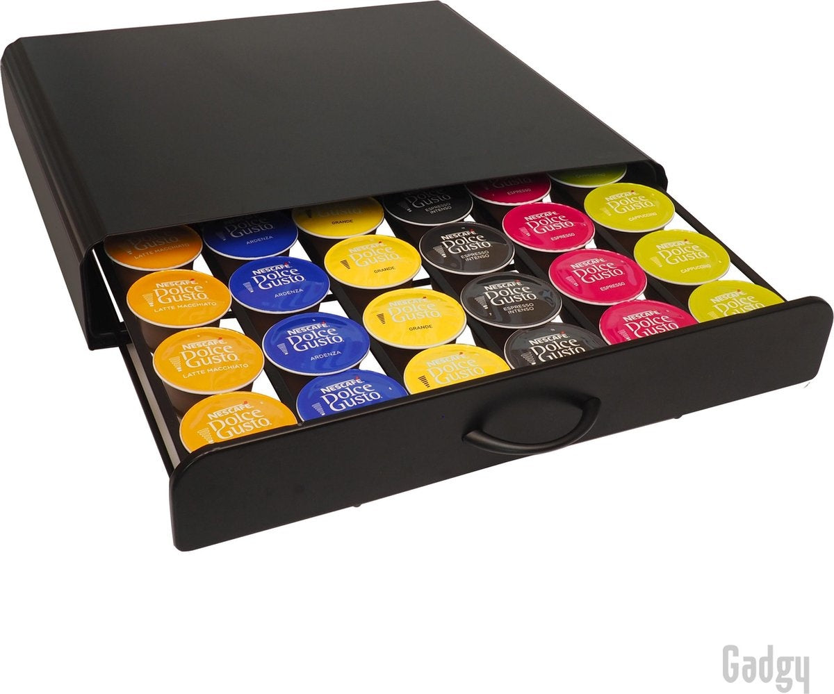 Gadgy Kapselhalter mit Schublade - Halter für Kaffeetassen - Für Dolce Gusto - 36 Kapseln - Edelstahl - Schwarz