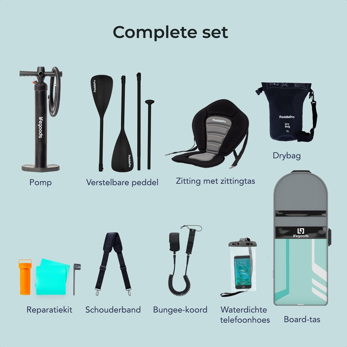 LifeGoods SUP Board - Deluxe Set - mit Sitz - Aufblasbares Paddle Board - Max. 135KG - 320x81cm - Mintgrün