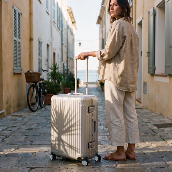 TRVLMORE Premium-Reisekoffer, mittelgroß – 65 x 43 x 26 cm – 360°-Spinner-Rollen – Doppeltes TSA-Zahlenschloss – Polycarbonat – Ohne Reißverschluss – 72 Liter – Silber
