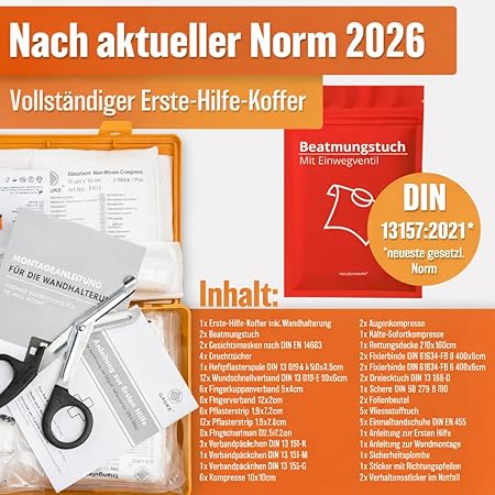 HELDENWERK Erste-Hilfe-Kasten Version 2026 [DIN 13157:2021] inkl. Wandhalter & 5 x Aufkleber | Verbandskasten für Büro, Haushalt und Gastronomie - Betriebsverbandskasten gefüllt, Sanitätsschrank