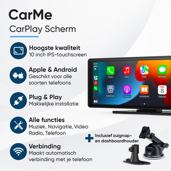 CarMe CarPlay Bildschirm - 10 Zoll - Apple CarPlay & Android Auto (Wireless) - Touchscreen - Navigationssystem