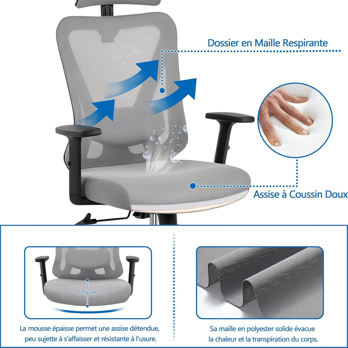 Yaheetech Ergonomischer Bürostuhl mit verstellbarer Lendenwirbelstütze und Kopfstütze 70 × 70 × 125 cm Hellgrau
