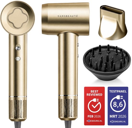 Sansbeauté® Haartrockner mit Diffusor – Locken – 110.000 U/min - Ionen-Haartrockner mit Bürste – 3 Stufen – 3 Aufsätze – Reisehaartrockner – Sèche Cheveux – Locken-Haartrockner-Set – Haartrockner mit Diffusor – Hair Blow Dryer – Friseur-Haartrockner – 200