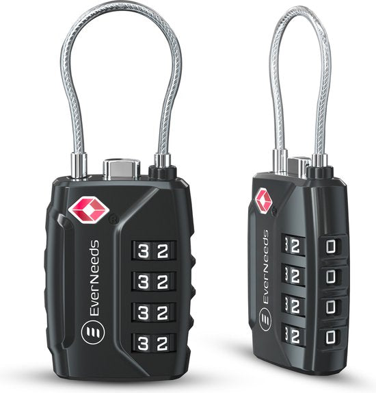 EverNeeds Kofferschloss - TSA-Schloss - 4-stelliges Vorhängeschloss - Zahlenschloss - Schwarz - 2 Stück