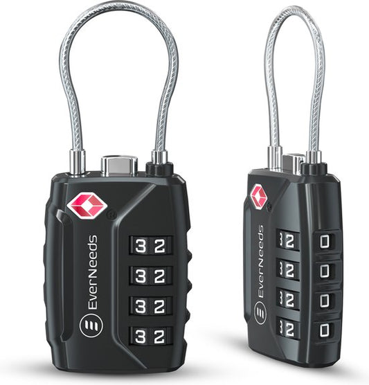 EverNeeds Kofferschloss - TSA-Schloss - 4-stelliges Vorhängeschloss - Zahlenschloss - Schwarz - 2 Stück