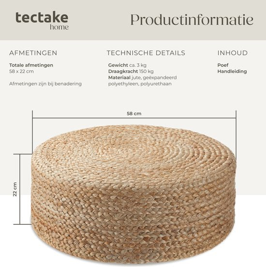 tectake Handmade Footstool Banno Elipse - Runder Jute-Sitzhocker im Boho-Stil - Bequemer Fußhocker mit strapazierfähiger Polsterung - Ø 58 x 22 cm - Max. 150 kg