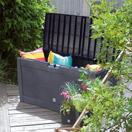Aufbewahrungsbox 310 l, UV-beständig, wetterfest, mit Rollen, Gartenbox in Rattan-Optik, Anthrazit