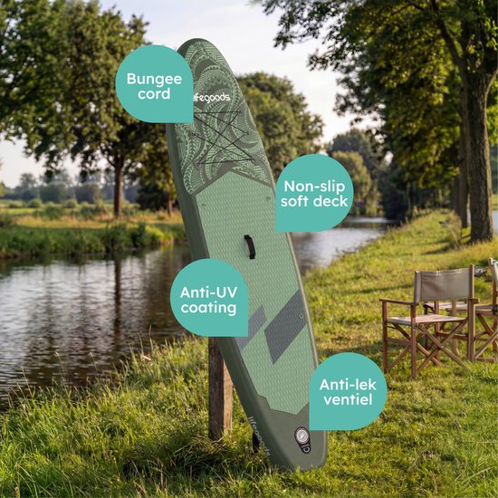 LifeGoods SUP Board All-round Compact - 100 KG Belastbarkeit - 300 x 76 cm - Aufblasbar - Komplettes SUP Paket - Grün/Leger Grün