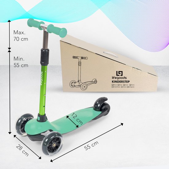 LifeGoods Kinder-Tretroller – Für 2–5-Jährige – 3 leuchtende LED-Räder – Höhenverstellbar – Jungen/Mädchen – Münzgrün