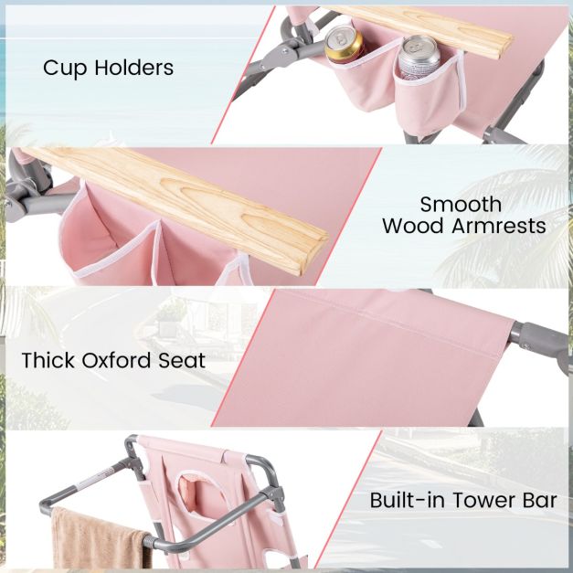 Coast Klappbarer Strandstuhl 66 x 149 x 56 cm – 3-in-1 – Fußstütze/Gesichtsausschnitt – Rosa