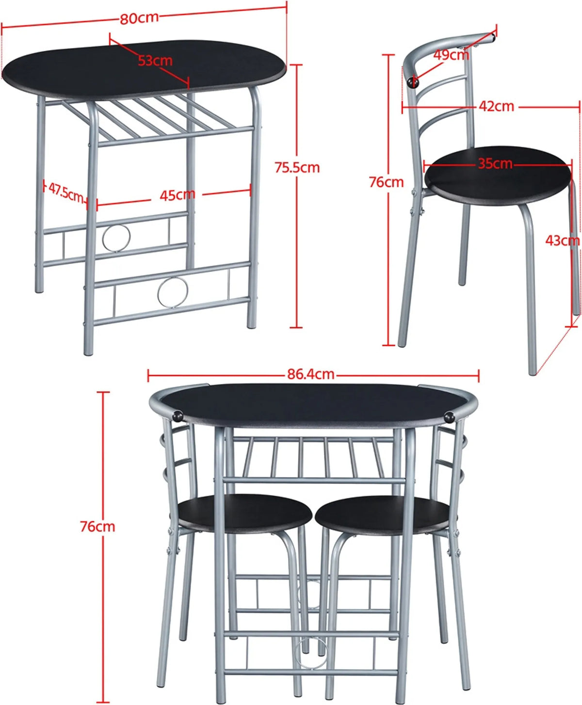 Yaheetech Dining Set von 3 - Features Tisch mit 2 Stühlen und verstellbare Lagerung Regal und wasserabweisende Beschichtung - für Küche und Esszimmer - Schwarz Metall und MDF - 80 x 53 x 73,5 cm