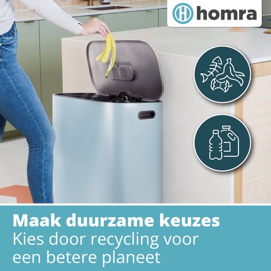 Homra Rockx Mülleimer 60 Liter - Duo-Treteimer 2×30 l mit Geruchsfilter – Edelstahl-Mülltrennbehälter mit 2 Fächern – Recycling-Mülleimer – Küchenmülleimer – Mülleimer zur Mülltrennung – Doppel-Mülleimer, blau