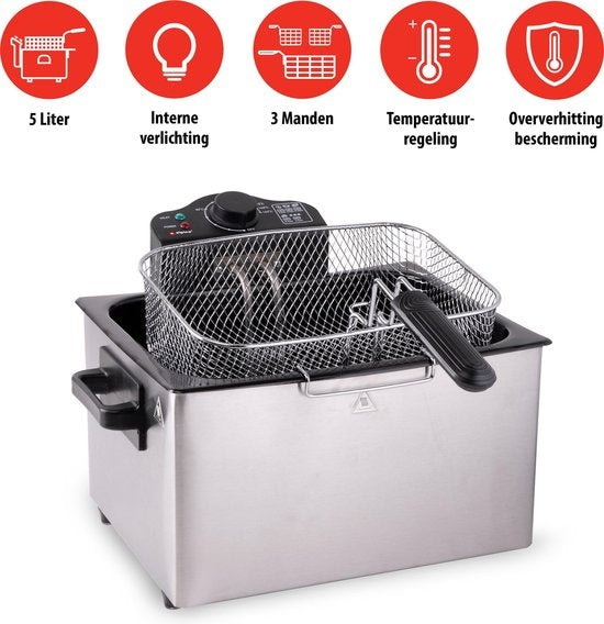 Alpina Doppelfritteuse - 5 Liter Fassungsvermögen - 3 Frittierkörbe - 2000W - Edelstahl - Grau/Schwarz