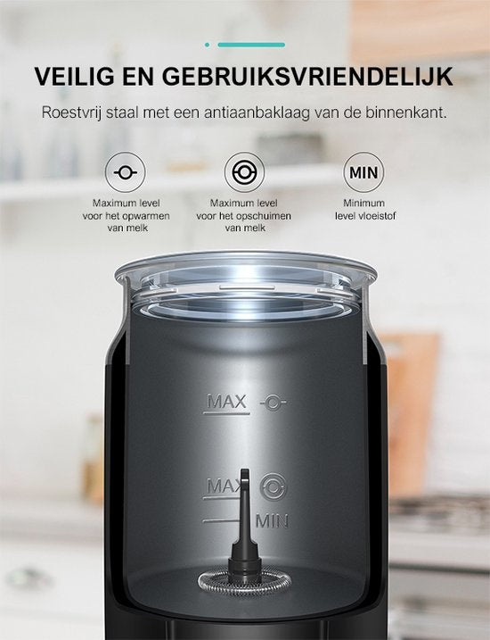 Safecourt Kitchen Milchaufschäumer - Elektrischer Milchaufschäumer - Schwarz - 4-in-1 - Einfach zu bedienen - 500W - BPA-frei