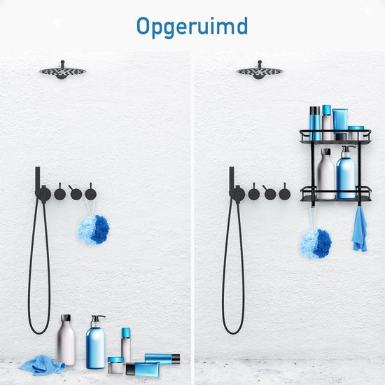 Happy Goods Duschregal - 2-lagiges Duschregal ohne Bohren - Edelstahl - Selbstklebend - Hängendes Duschregal - Badezimmerregal - Badezimmerregal - Duschregale - Schwarz