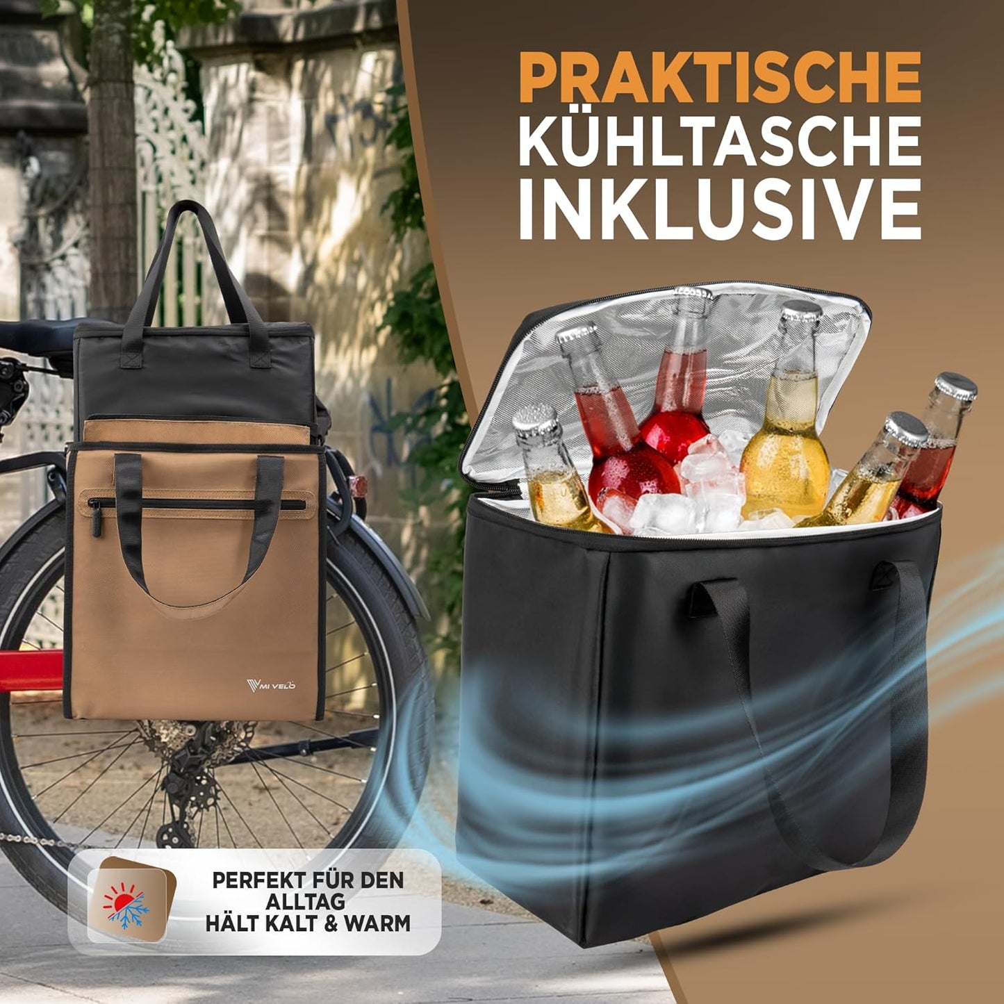 MIVELO Fahrradtasche zum Einkaufen - Inklusive abnehmbarer Kühltasche - 25 Liter - 40 x 30 x 7 cm - Beige
