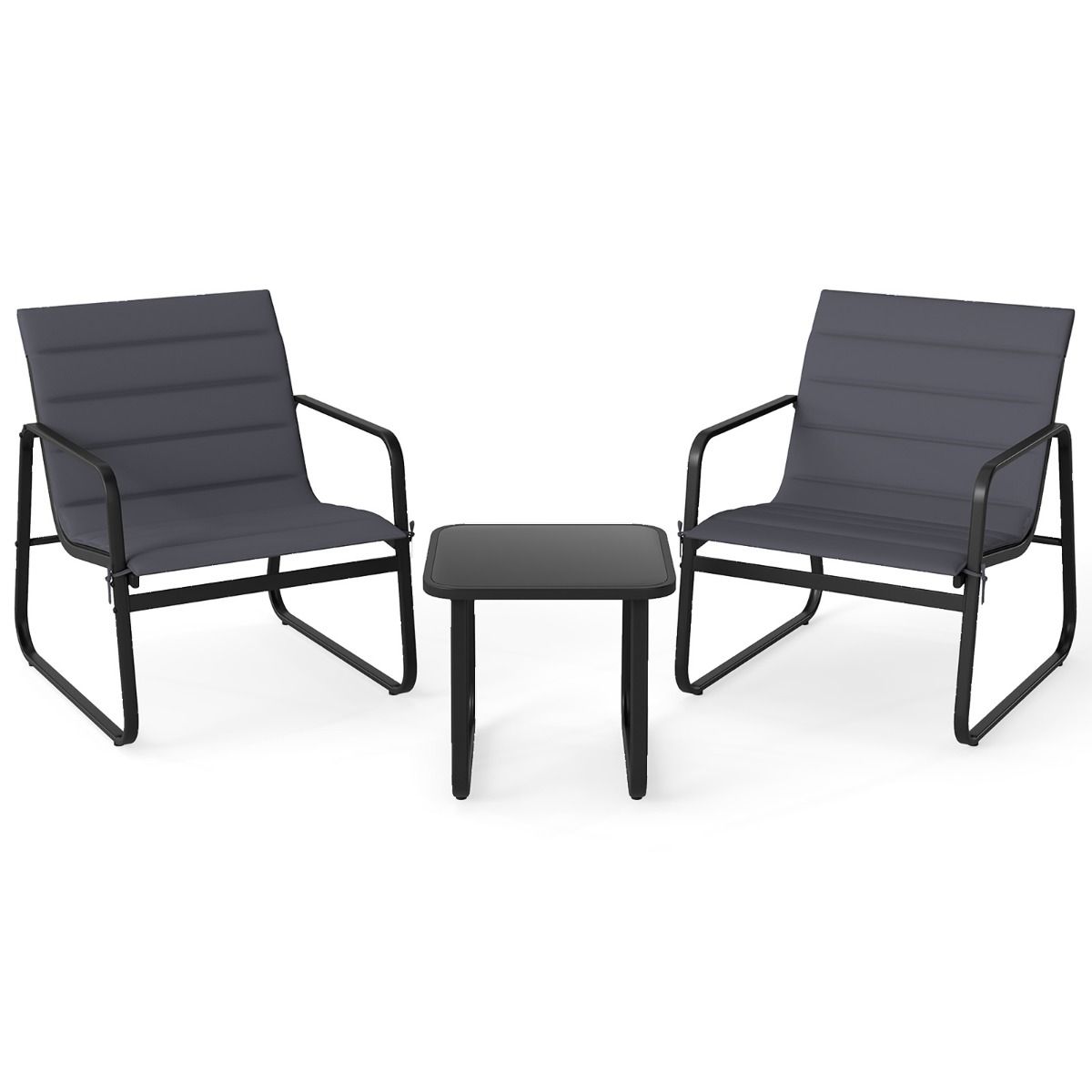 Coast 3-teiliges Gartenset – Gartenstühle mit abnehmbaren Kissen – Beistelltisch mit gehärtetem Glas – grau und schwarz