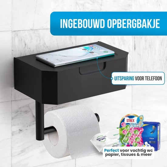 Avalo Toilettenpapierhalter mit Ablage - Schwarz - Selbstklebend / Bohren / Kein Bohren - Toilettenpapierhalter - Toilettenpapierhalter
