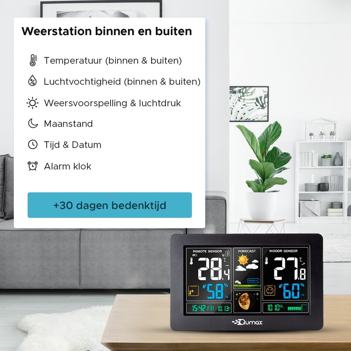 Qumax Drahtlose Wetterstation für Drinnen und Draußen mit Außensensor bis 60 m Reichweite Wasserdicht Schwarz