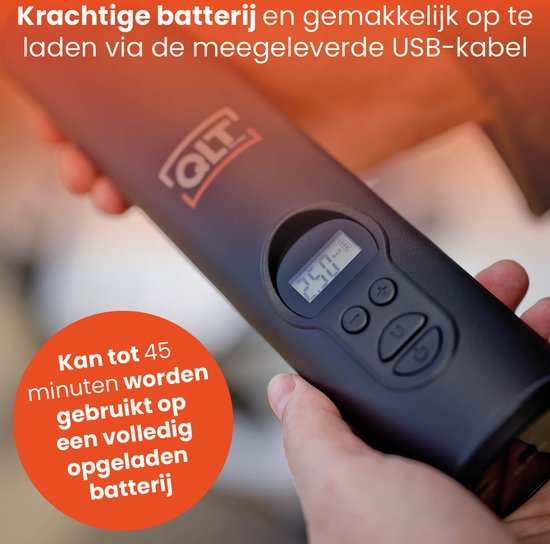 QLT Wireless Air Compressor mit LED-Beleuchtung - Elektrische Pumpe - Inklusive USB-Ladekabel und 4 Aufsätze - 10,3 Bar - LCD-Display - Schwarz