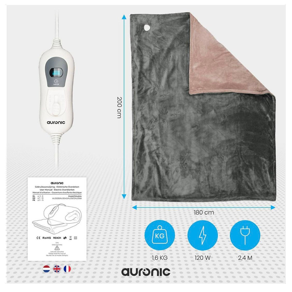 Auronic Electric Heat Blanket - Überdecke - 2 Personen - 3 Wärmestufen - Mit Timer - 200 x 180 cm - Grau