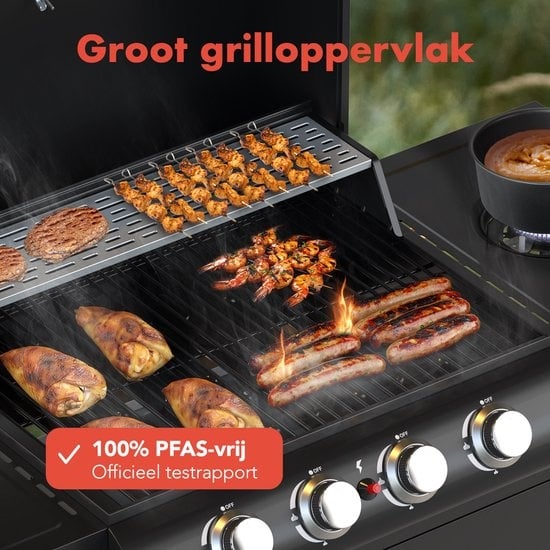 KitchenBrothers Gasgrill - mit Seitenbrenner - 5 Brenner - Mit Gasanschluss - 42x57cm Grillfläche - Schwarz
