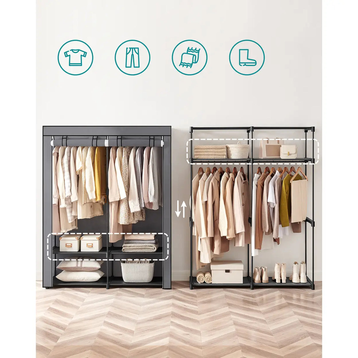 Joyfurnos Faltbarer Stoffkleiderschrank mit doppelter Kleiderstange – 2 Türen – 43 x 140 x 174 cm – Grau