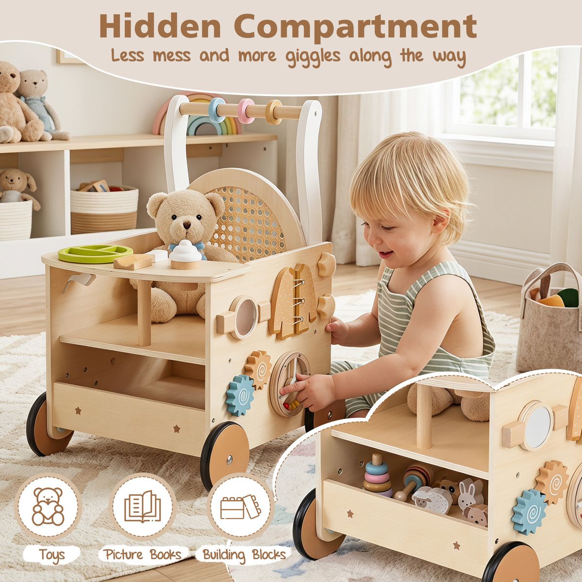 Coast Laufwagen aus Holz – Spielzeug zur Förderung der Motorik – mit Eisset und Puppensitz – Naturholz