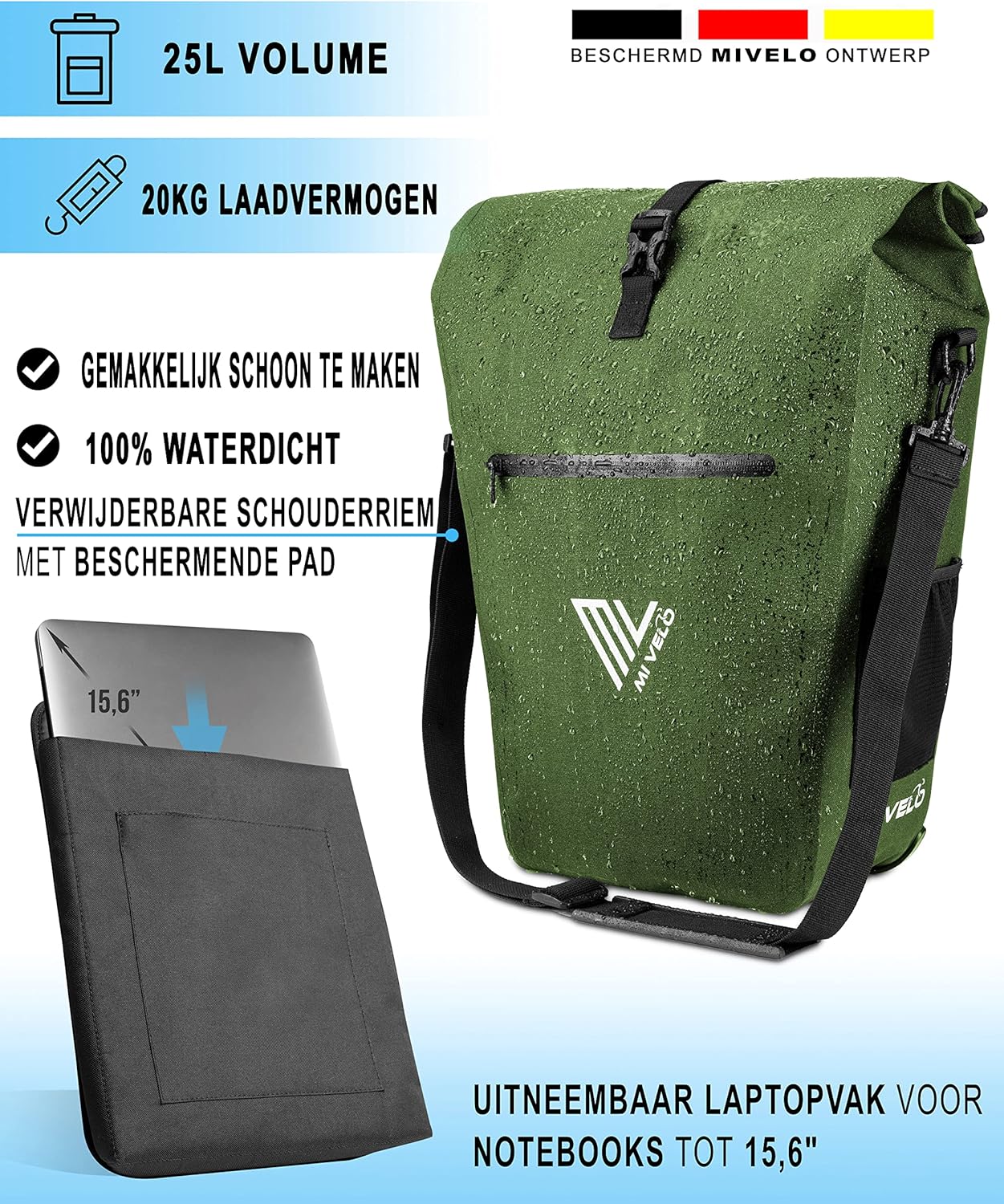 MIVELO Wasserdichte Gepäcktasche - mit Laptopfach und Schultergurt - 25L - Olivgrün