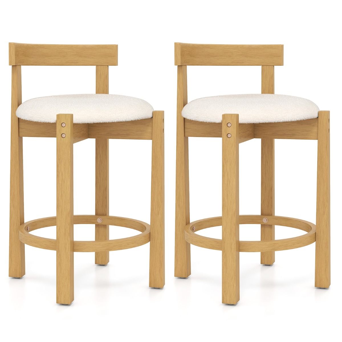 Coast Barhocker, 2er-Set – mit Rückenlehne und Fußstütze – Sitzfläche aus Teddy-Velours – Sitzhöhe 62 cm – Natur und Beige