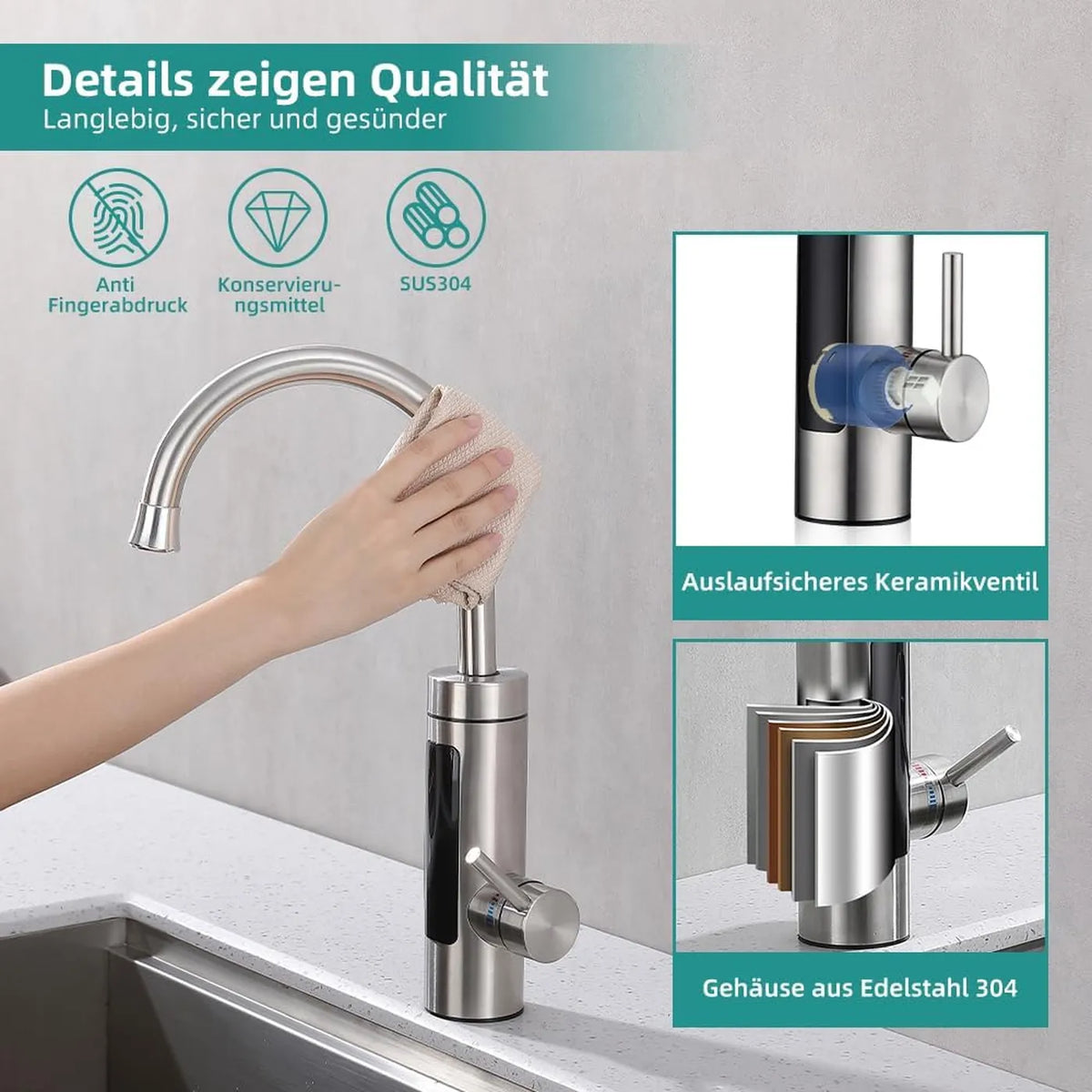 HOMELODY Elektrischer Küchenwasserhahn mit Durchlauferhitzer – 3000 W – 230 V – LED-Anzeige – Edelstahl – gebürstetes Silber