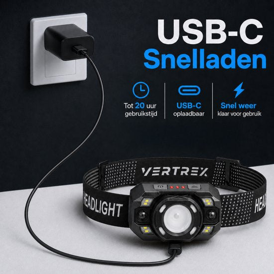 Vertrex LED-Stirnlampe, wiederaufladbar – einstellbarer Lichtstrahl – USB-C – IPX5 – Schwarz